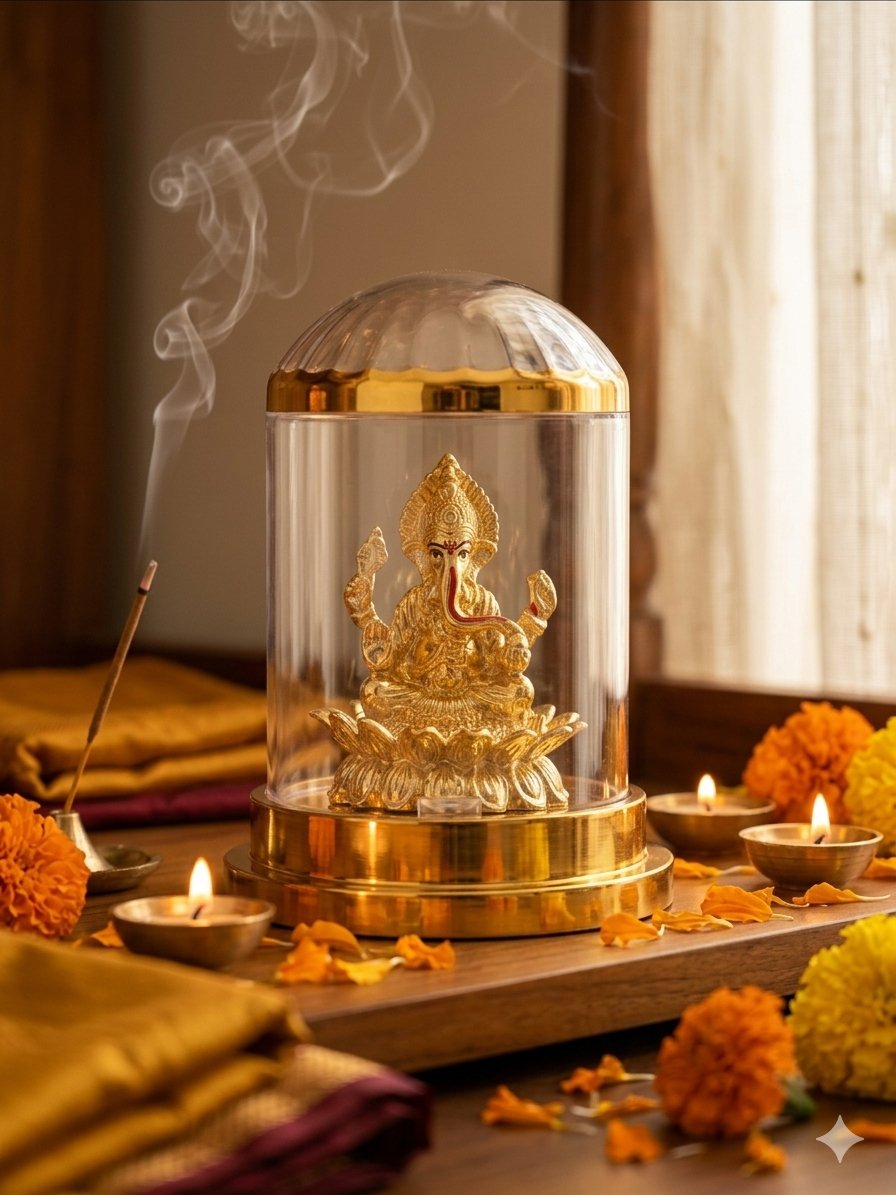 Ganesh cloche styled on a travel / hotel nightstand