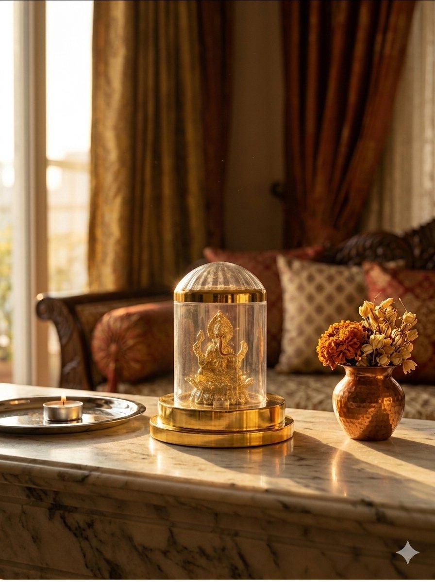 Ganesh cloche styled on a living room shelf