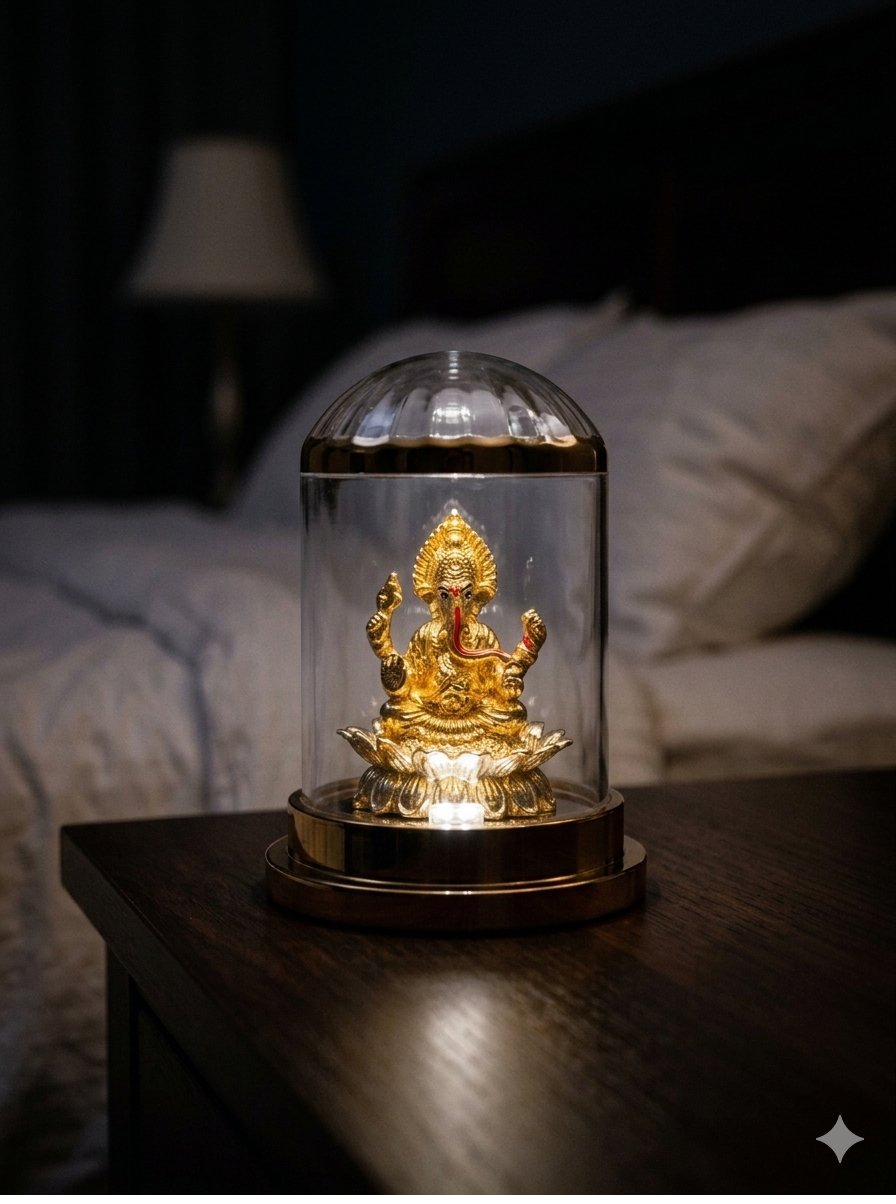 The SCretions Ganesh cloche on a work desk in warm light