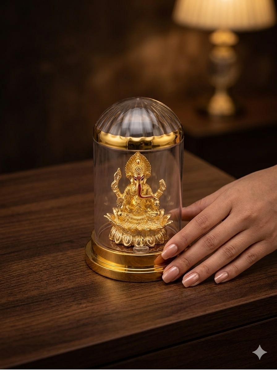 Ganesh cloche styled on a shop / counter / studio